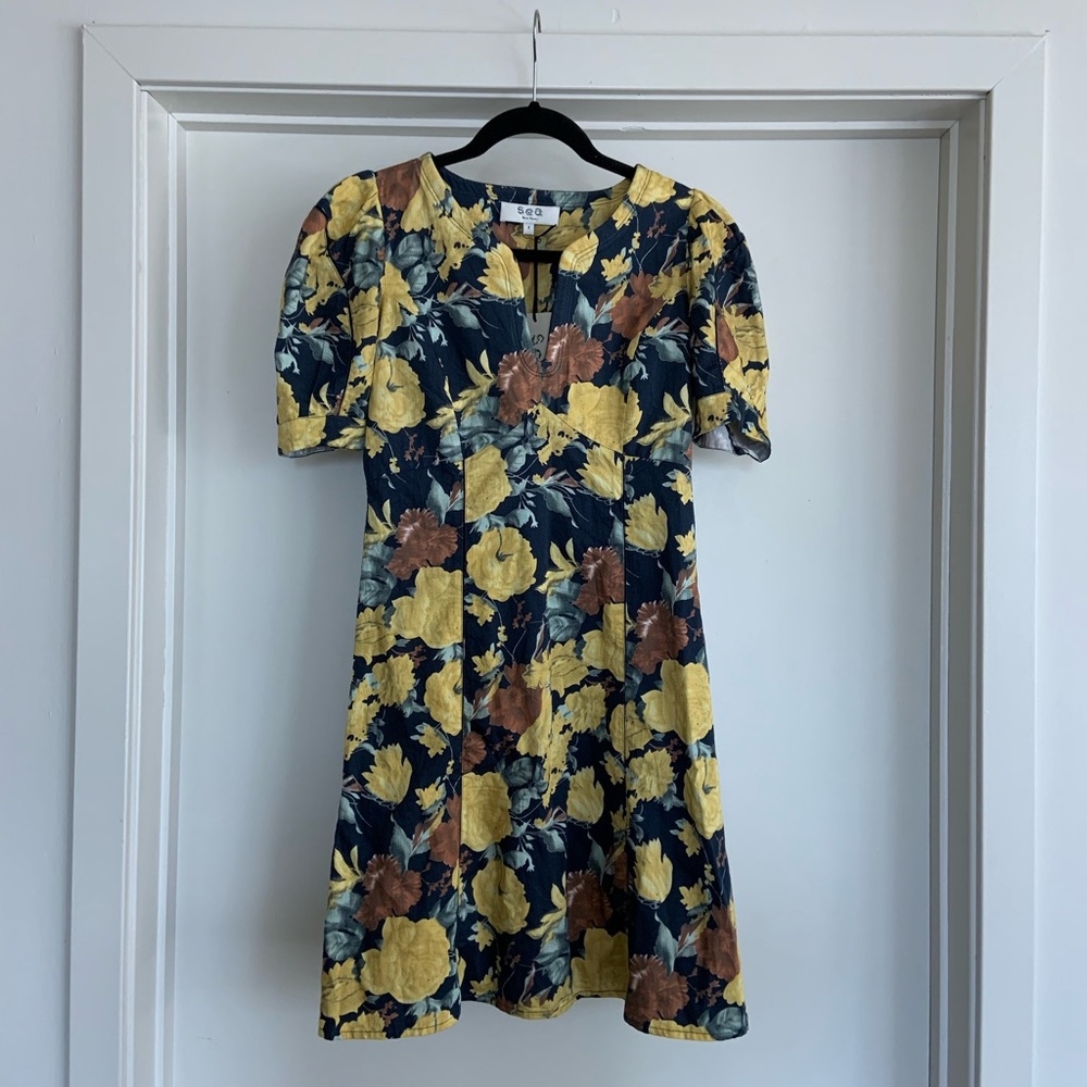 Sea floral dress with puff sleeve